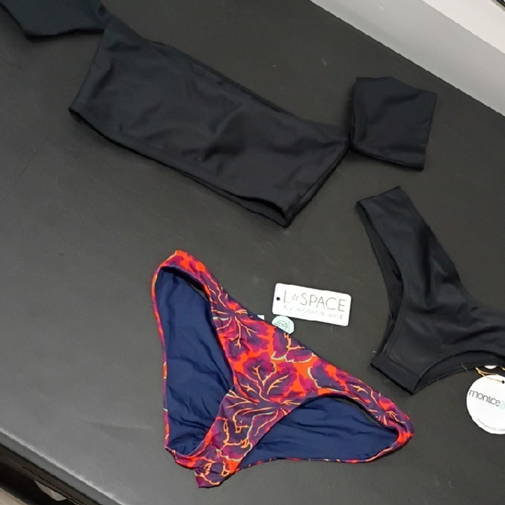 3 Piece Size Small Black and Red Floral Bikini Set